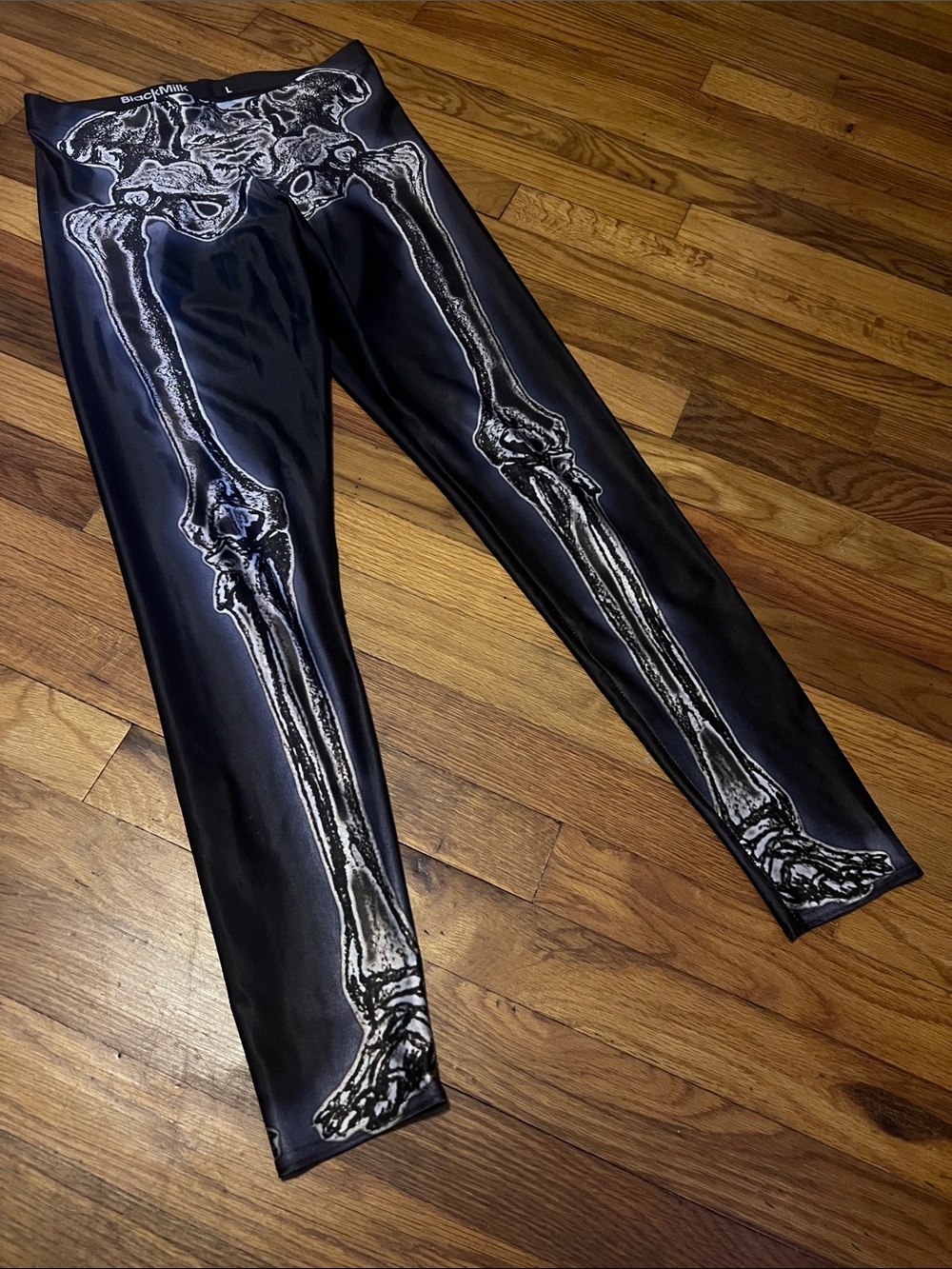 Blackmilk Black Leggings with White Skeleton Print